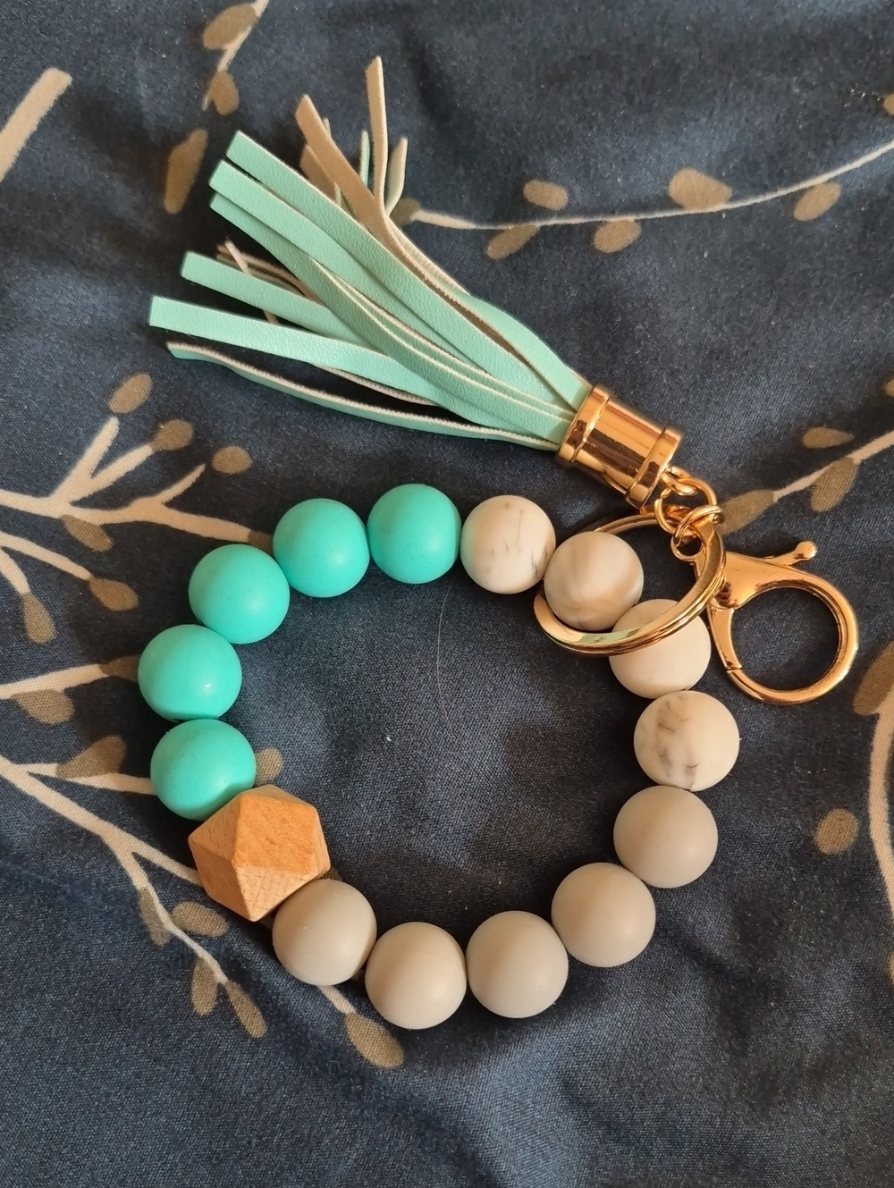 Turquoise & Grey Beaded Tassel Keychain Bracelet
